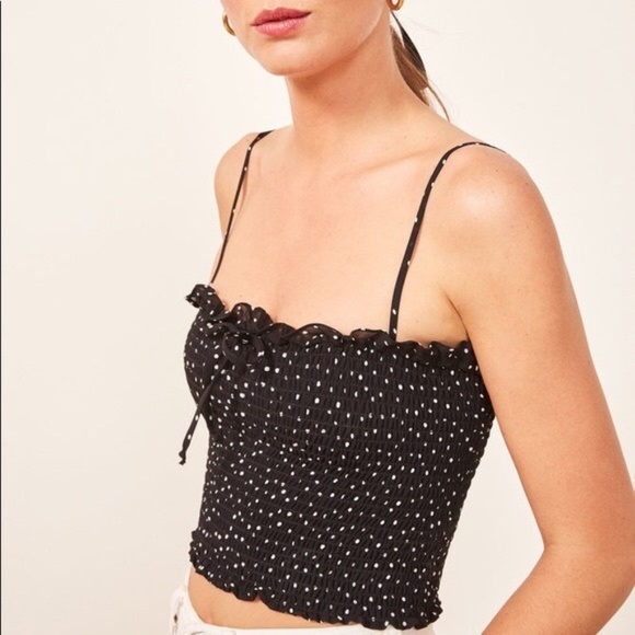 Reformation Tops - Reformation • Black and White Polka Dog Carlotta Smocked Crop Tank • Size M